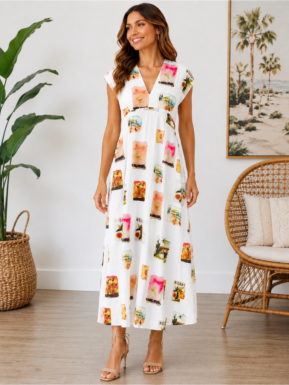TFY Collection NWT White Joshua Tree Holiday Print V-Neck Maxi Dress Size Large